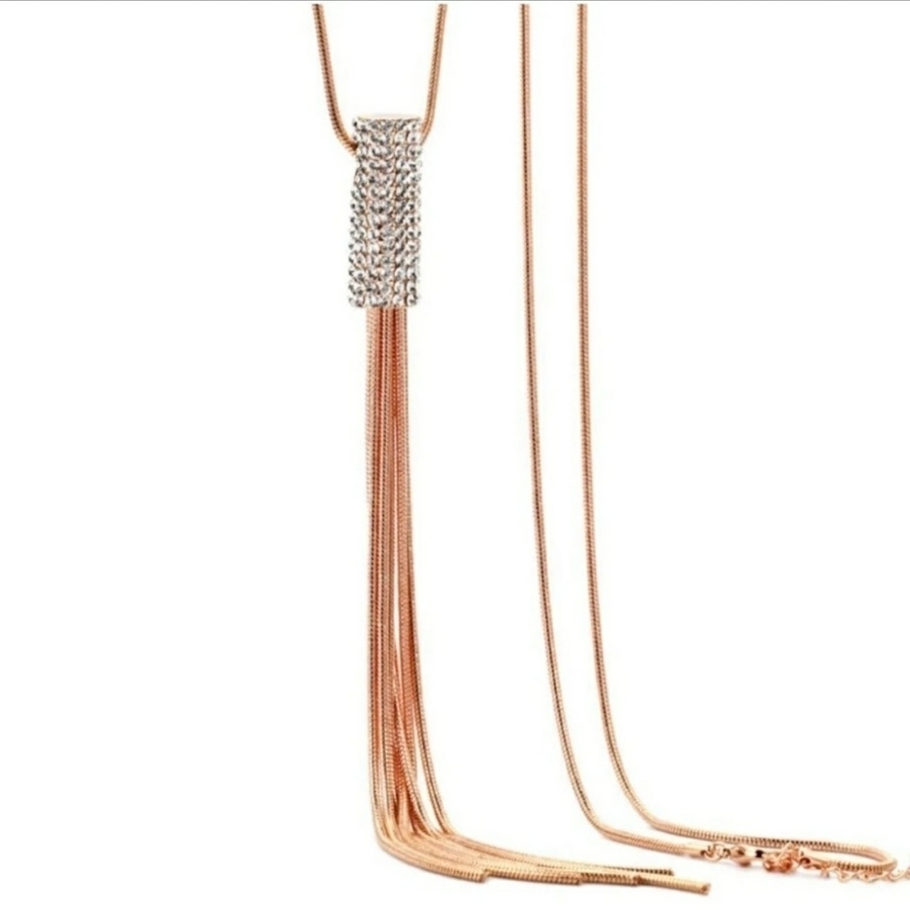 Chic Rose Gold Tassel Necklace With Pave Rhinestones - Picture 5 of 11